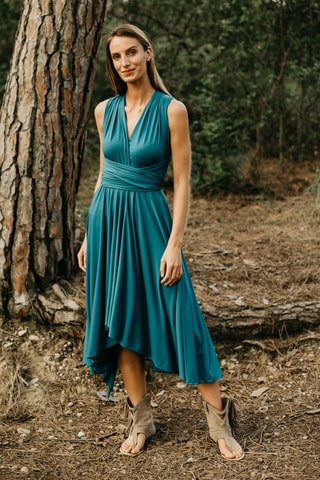 Asymmetrische Mouwloze Jurk - Pauwblauw