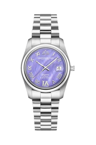 Stalen Quartz Horloge, Parelmoer en Diamanten - Zilverkleurig en paars