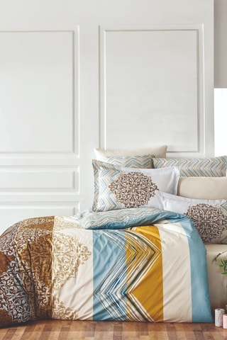 Conjunto de edredão em algodão - Azul e castanho