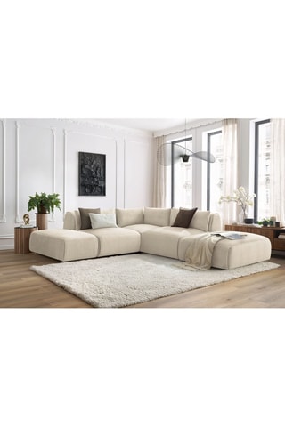 Canapé d'angle modulable et 2 poufs Jeanne - Beige - 5 places - En tissu velours