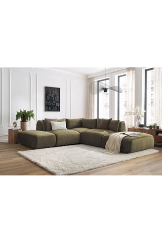 Canapé d'angle modulable et 2 poufs Jeanne - Vert - 5 places - En tissu velours