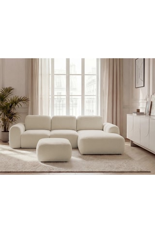 Canapé d'angle droit convertible et pouf Montaigne - 3/1 places - Beige - En tissu bouclette - Couchage 206 x 128 cm