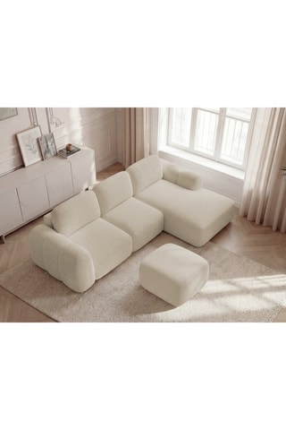Canapé d'angle droit convertible et pouf Montaigne - 3/1 places - Beige - En tissu bouclette - Couchage 206 x 128 cm