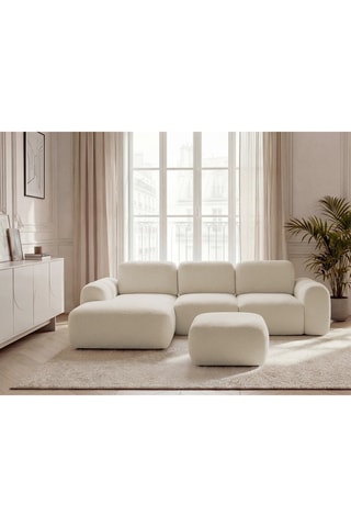 Canapé d'angle gauche convertible et pouf Montaigne - Beige - En Tissu bouclette - Couchage 206 x 128 cm