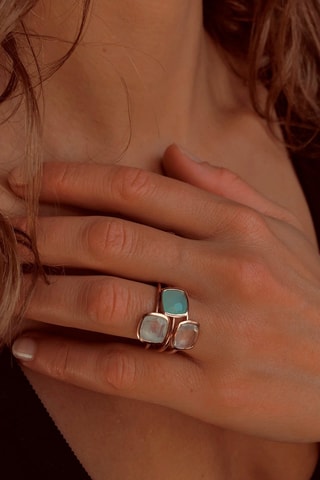 3 anillos - Plata chapada en oro rosa, calcedonia, cuarzo rosa y piedra de luna