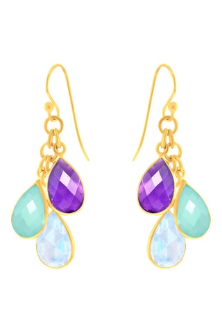Pendientes - Plata chapada en oro amarillo, calcedonia, piedra de luna arcoíris y amatista