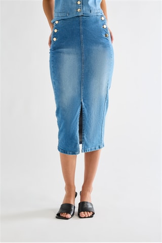 Jupe droite en jean taille haute - Indigo