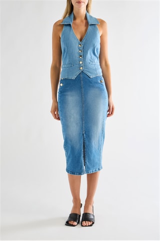 Jupe droite en jean taille haute - Indigo