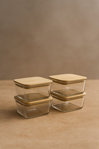 4 boîtes de conservation en verre avec couvercles en bambou - 30 cl