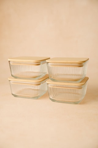 4 boîtes de conservation en verre avec couvercles en bambous - 30 cl