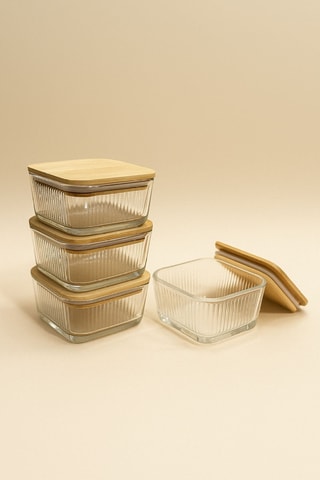 4 boîtes de conservation en verre avec couvercles en bambous - 30 cl
