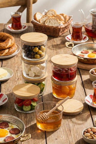 6 boîtes de conservation en verre avec couvercles en bambou - 22 cl