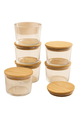 6 boîtes de conservation en verre avec couvercles en bambou - 22 cl