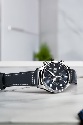 Montre à quartz en cuir - Chronographe - Bleu et argenté