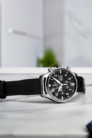 Montre à quartz en cuir - Chronographe - Noir et argenté