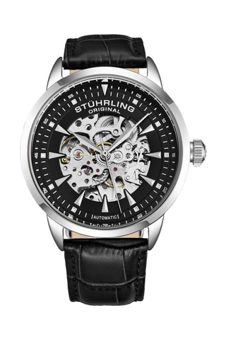 Montre squelette automatique en cuir - Noir et argenté