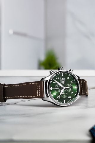 Montre à quartz en cuir - Chronographe - Marron et argenté