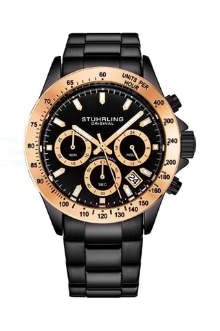 Montre à quartz en acier Monaco - Tachymètre et chronographe - Noir et doré rose