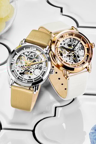 Montre automatique en cuir Hong Kong - Beige et argenté