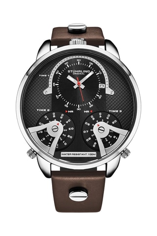 Montre à quartz en cuir - Fonction GMT - Marron et argenté