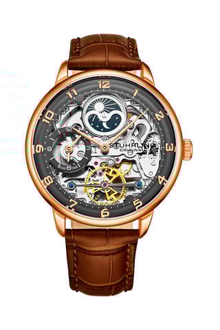 Montre automatique en cuir - Chronographe et indicateurs des phases de la lune - Marron et doré rose