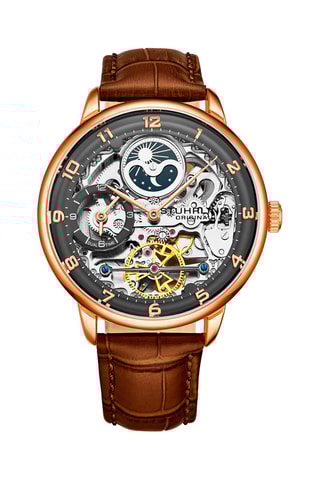 Montre automatique en cuir - Chronographe et indicateurs des phases de la lune - Marron et doré rose