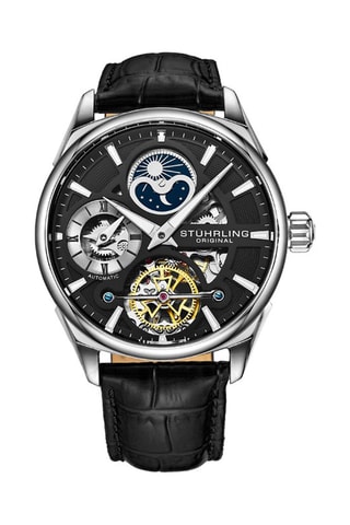 Montre automatique en cuir Legacy - Indicateurs des phases de la lune et fonction GMT - Noir et argenté