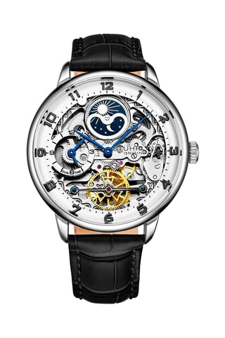 Montre automatique en cuir - Chronographe et indicateurs des phases de la lune - Noir et argenté