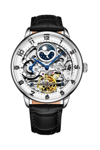 Montre automatique en cuir - Chronographe et indicateurs des phases de la lune - Noir et argenté