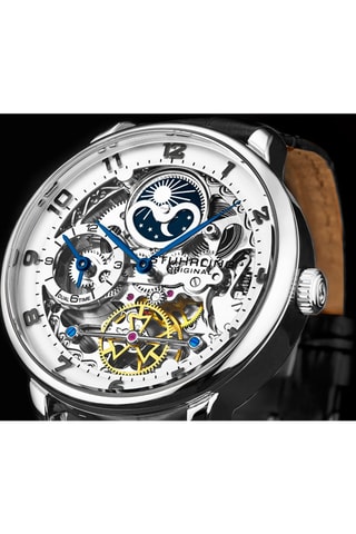 Montre automatique en cuir - Chronographe et indicateurs des phases de la lune - Noir et argenté