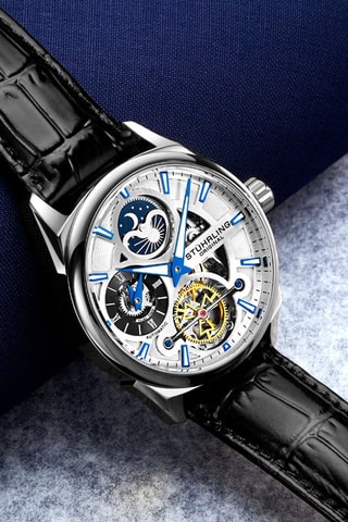 Montre automatique en cuir Legacy - Fonction GMT et indicateurs des phases de la lune - Noir et argenté