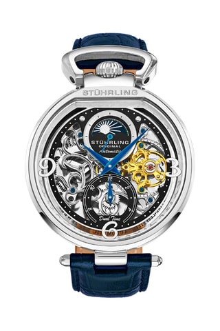 Montre automatique en cuir Legacy Stührling - Fonction GMT - Bleu marine et argenté