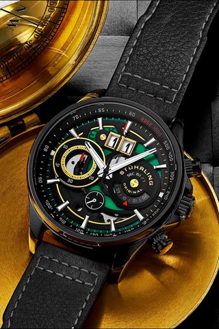 Montre à quartz en cuir Aviator - Chronographe et tachymètre - Noir et vert