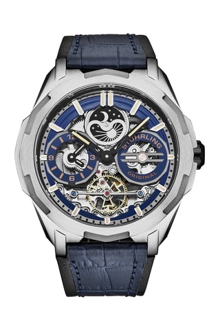 Montre automatique en cuir Navigator - GMT, chronographe - Bleu et argenté