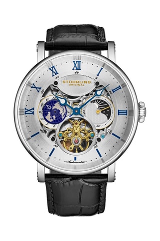 Montre automatique en cuir Majestic - GMT - Noir et argenté