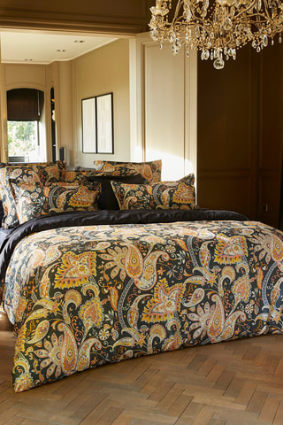 2 federe in raso di cotone 80 fili/cm² Paisley - Blu scuro e giallo