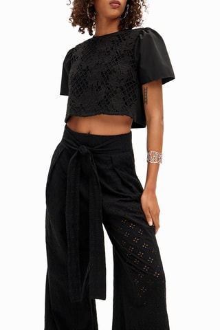 Pantalon taille haute en broderie anglaise - Noir