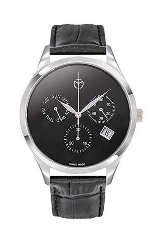 Relógio de quartzo em couro - Cronógrafo - Preto e prateado