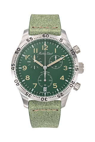 Relógio de quartzo em couro Flyback - Cronógrafo - Verde e prateado