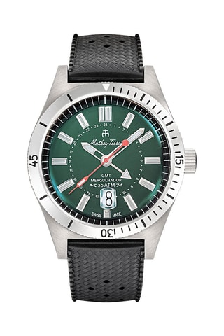 Relógio de quartzo em couro Mergulhador - GMT - Preto e prateado