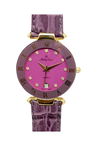 Relógio de quartzo em couro com cristais Swarovski Coupole - Violeta e dourado