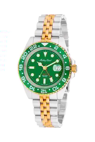 Relógio de quartzo em aço 316L GMT - Prateado e verde
