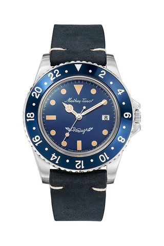 Relógio automático em couro Mathy Vintage - Azul-marinho e prateado