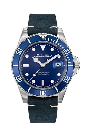 Relógio de quartzo em couro Mathy vintage   Azul-marinho e prateado