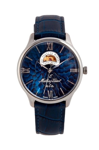 Montre automatique en cuir Edmond open heart - Bleu nuit et argenté