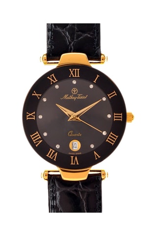 Relógio de quartzo em couro com cristais Swarovski Coupole - Preto e dourado