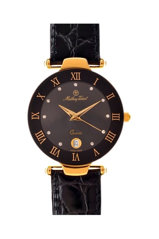 Relógio de quartzo em couro com cristais Swarovski Coupole - Preto e dourado