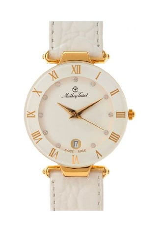 Relógio de quartzo em couro com cristais Swarovski Coupole - Branco e dourado