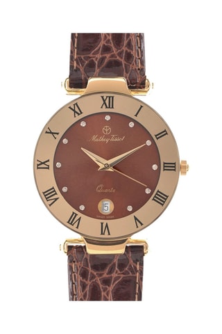 Relógio de quartzo em couro com cristais Swarovski Coupole - Castanho e dourado