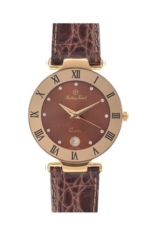 Relógio de quartzo em couro com cristais Swarovski Coupole - Castanho e dourado